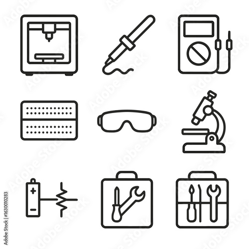 STEM Tools Icons. Outline icon set of STEM classroom tools: 3D printer, soldering iron, breadboard, multimeter, laser cutter,