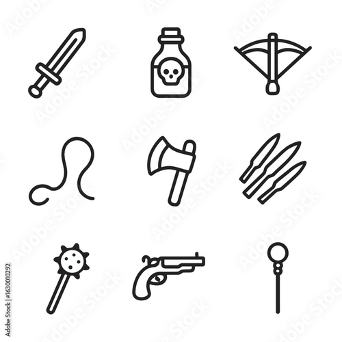 Villain Weapon Icons. Outline icon set of villain weapons: sword, poison dart, crossbow, whip, axe, throwing knives, mace,