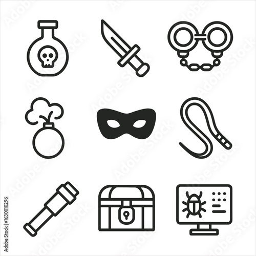 Villain Tool Icons. Outline icon set of villain tools: poison vial, dagger, shackles, smoke bomb, black mask, whip, spyglass,