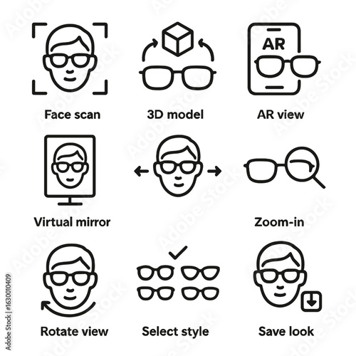 Virtual Glasses Icons. Outline icon set of virtual try-on glasses: face scan, 3D frame model, AR view, virtual mirror, frame