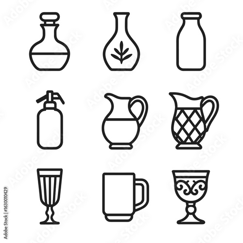 Vintage Glassware Icons. Outline icon set of vintage dining glassware: retro decanter, etched carafe, milk bottle, soda siphon,