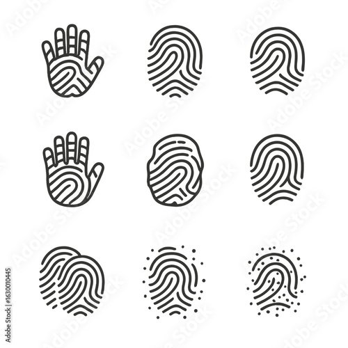 Fingerprint Icon Set. Outline icon set of smudge fingerprints: left hand, right hand, thumbprint, palm print, smudged print,