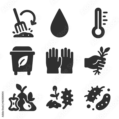 Compost Maintenance Icons. Solid, filled icons set of compost maintenance: turning pitchfork, moisture drop,