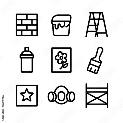 Street Art Essentials Icons. Outline icon set of street mural activism: mural wall, paint bucket, ladder, spray can, sketch