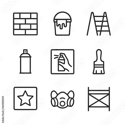 Street Art Essentials Icons. Outline icon set of street mural activism: mural wall, paint bucket, ladder, spray can, sketch