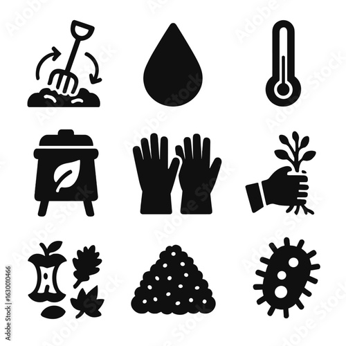 Compost Maintenance Icons. Solid, filled icons set of compost maintenance: turning pitchfork, moisture drop,