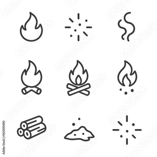 Fire Icon Set. Outline icon set of crackling fire: flames, sparks, smoke, burning logs, campfire, ember, firewood, ash, fire