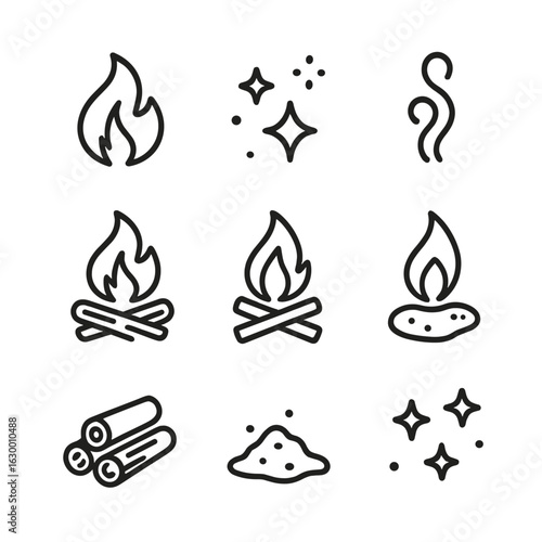 Fire Icon Set. Outline icon set of crackling fire: flames, sparks, smoke, burning logs, campfire, ember, firewood, ash, fire