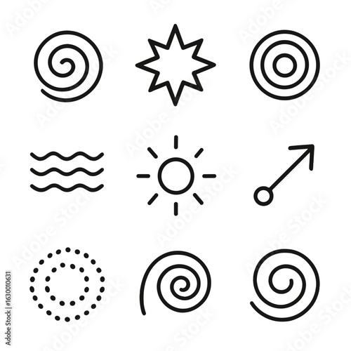 Void Movements Icons. Outline icon set of void movements: swirling vortex, collapsing star, void pulse, dark wave, cosmic ripple,