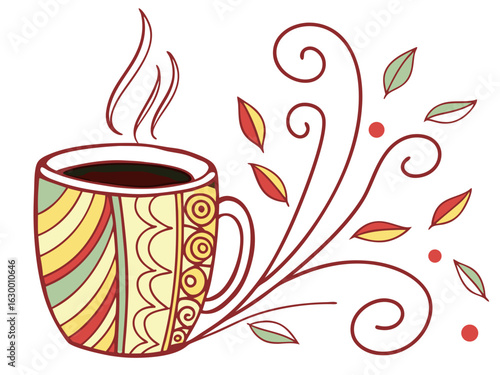 Vibrant coffee mug with colorful beans design, perfect for branding. A stylized illustration of a coffee mug filled with steaming coffee, featuring a vibrant pattern of coffee beans in various colors.