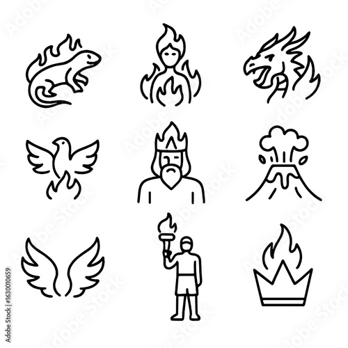 Fire Myth Icons Grid. Outline icon set of fire mythological figures: salamander, fire spirit, fire dragon, phoenix, fire god,