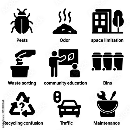 Composting Challenges Icons. Solid, filled icons set of composting challenges in cities: pests, odor, space