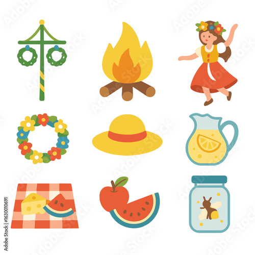 Summer Solstice Icons. Flat vector mini-illustrations summer solstice gatherings in colors children's illustrations: maypole,