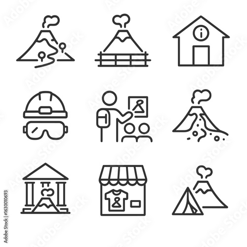 Volcano Activity Icons. Outline icon set of volcanic cone tourist activities: hiking trail, viewpoint, information center, safety