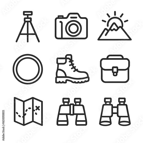 Sunrise Photography Icons. Outline icon set of sunrise mountain photography expeditions: tripod, DSLR camera, mountain peak,