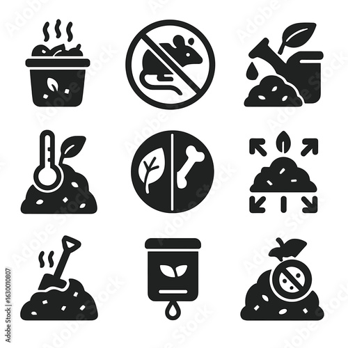 Composting Icons Grid. Solid, filled icons set of composting challenges and solutions: odor control, pest