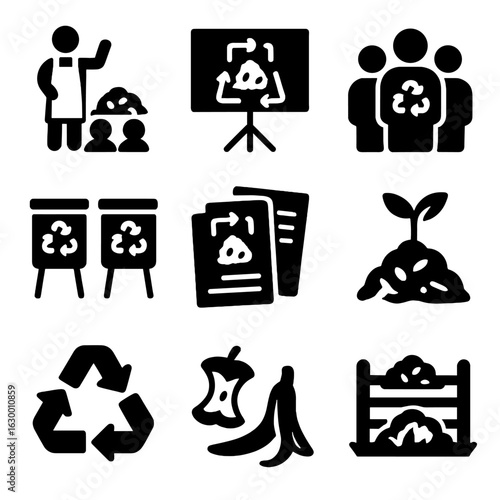 Composting Icons Grid. Solid, filled icons set of composting education: workshop, presentation board,