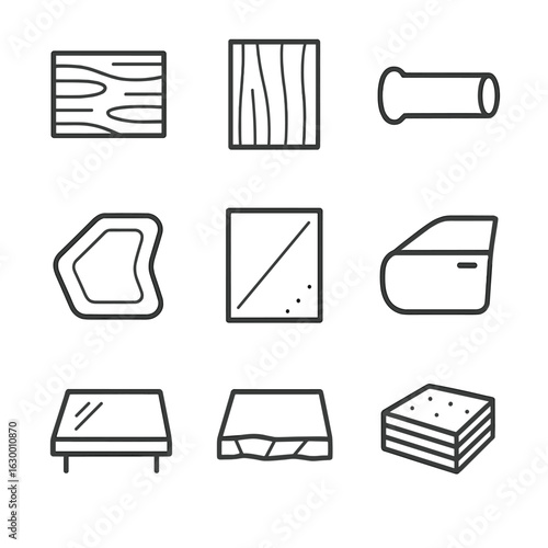 Surface Icon Set. Outline icon set of surfaces and materials to sand: wooden plank, painted wall panel, metal pipe, plastic mold,