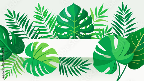 Vector art of tropical jungle leaves border with a white banner for text, isolated on white background