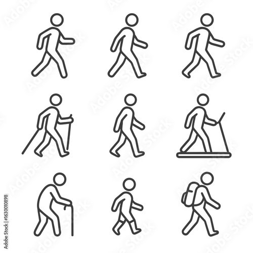 Walking Styles Icons. Outline icon set of walking styles: power walk, leisurely stroll, race walk, Nordic walking, barefoot walk,