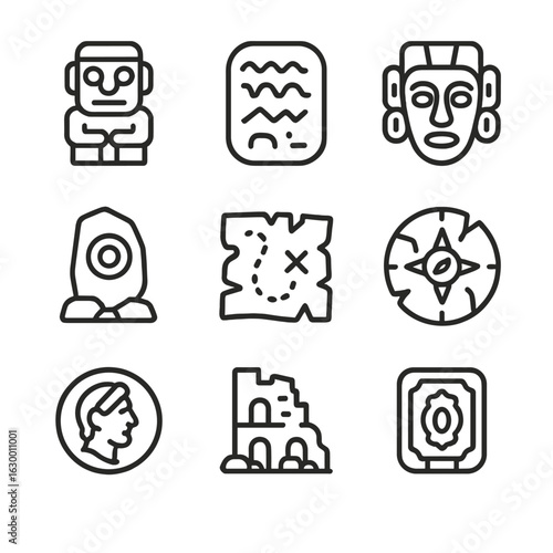 Lost Civilizations Icons. Outline icon set of lost civilizations: stone idol, script tablet, ceremonial mask, ritual stone, map