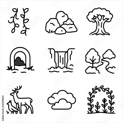 Lost Kingdom Icons. Outline icon set of lost kingdom nature: creeping vines, mossy stones, ancient tree, dark cave, waterfall,