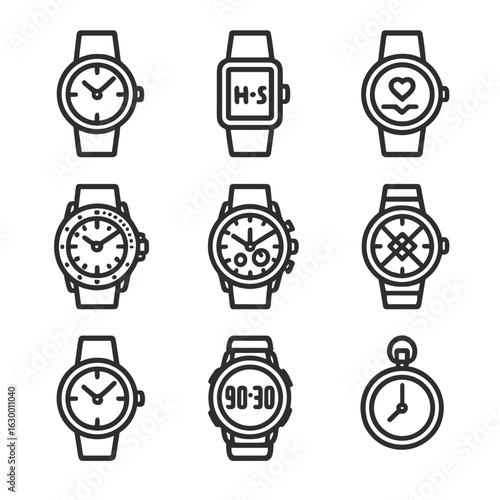 Watch Icons Collection. Outline icon set of wristwatch styles: analog watch, digital watch, smart watch, diving watch, chronograph