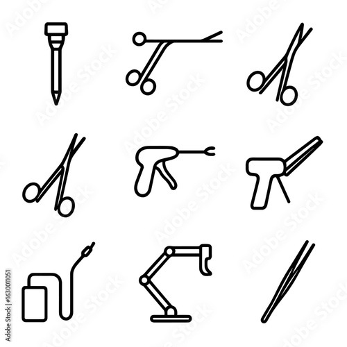 Surgical Instrument Icons. Outline icon set of minimally invasive instruments: trocar, laparoscopic grasper, scissors, needle