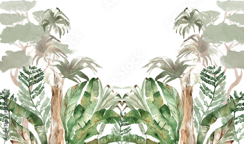 jungle watercolor wallpaper with tropical leaves illustration palms bananas for kids