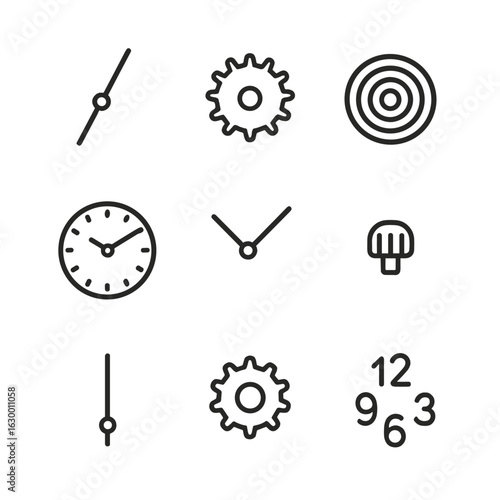 Watch Components Icons. Outline icon set of watch components: second hand, ticking gear, balance spring, clock face, hands