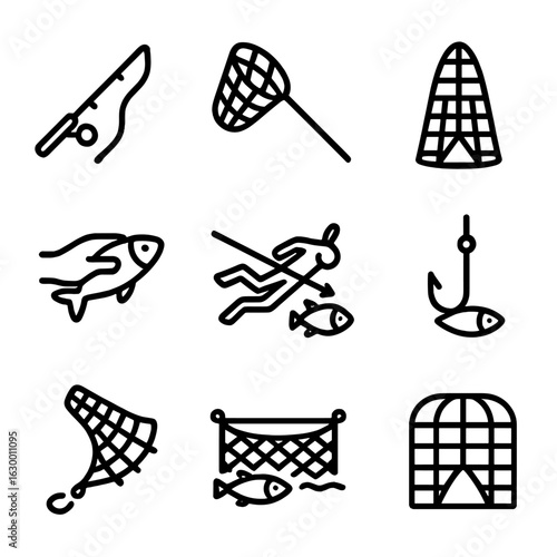 Fishing Methods Icons. Outline icon set of catch methods: fishing rod, fishing net, fish trap, hand catching, spear fishing, hook