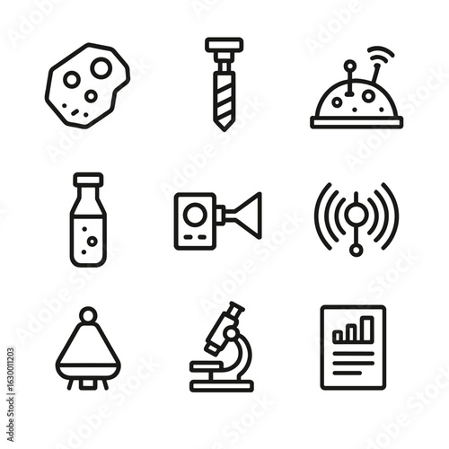 Lunar Geology Icons. Outline icon set of lunar geology and science: rock sample, core drilling tool, seismic sensor on moon,