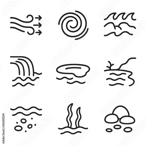 Water Stream Icons. Outline icon set of water stream features: current, eddy, rapids, cascade, pool, shoreline, sediment, algae,
