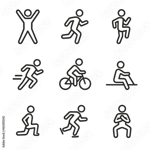 Fitness Icons Grid. Outline icon set of beat in physical motion: jumping jacks, running pace, high knees, sprinting, bike ride,