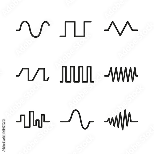 Waveform Icon Set. Outline icon set of pulse patterns: sine wave, square wave, triangle wave, sawtooth wave, pulse train,