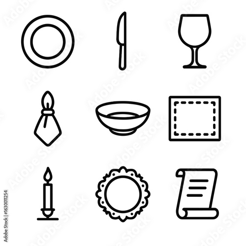 Luxury Place Setting Icons. Outline icon set of luxury place setting: porcelain plate, silver knife, crystal glass, velvet napkin,