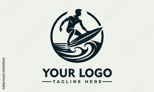 Silhouette logo design of a surfer riding a wave, featuring a stylized circle and waves.