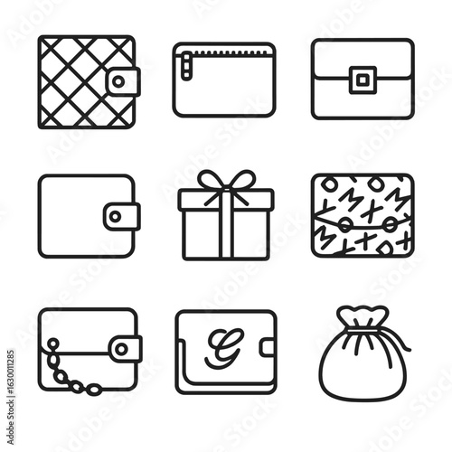 Luxury Wallet Icon Set. Outline icon set of luxury wallets: embossed leather, gold zipper, premium clasp, designer tag, gift box,