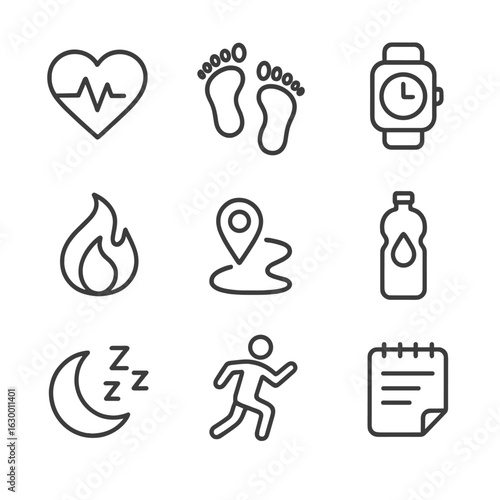 Fitness Tracking Icons. Outline icon set of fitness tracking: heart rate monitor, step counter, smartwatch, calorie tracker, GPS