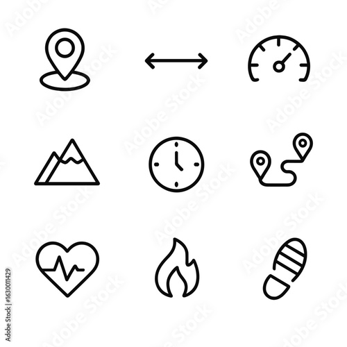 Fitness Tracking Icons. Outline icon set of tracking data: real-time location, distance, speed, altitude, timestamp, route, heart