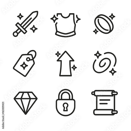 Magical Icons Set. Outline icon set of enchantments: weapon glow, armor sheen, ring aura, item charm tag, attribute boost arrow,