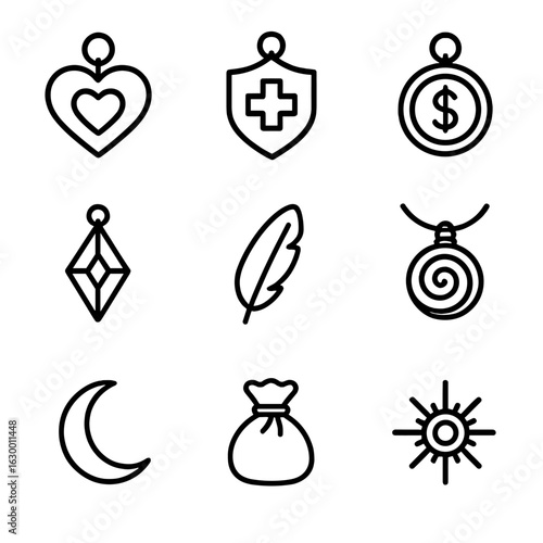 Magical Charm Icons. Outline icon set of magical charms: love charm, health amulet, wealth coin, travel talisman, luck feather,