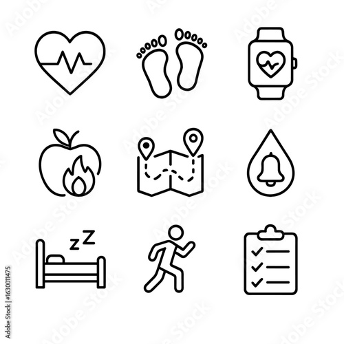 Fitness Tracking Icons. Outline icon set of fitness tracking: heart rate monitor, step counter, smartwatch, calorie tracker, GPS