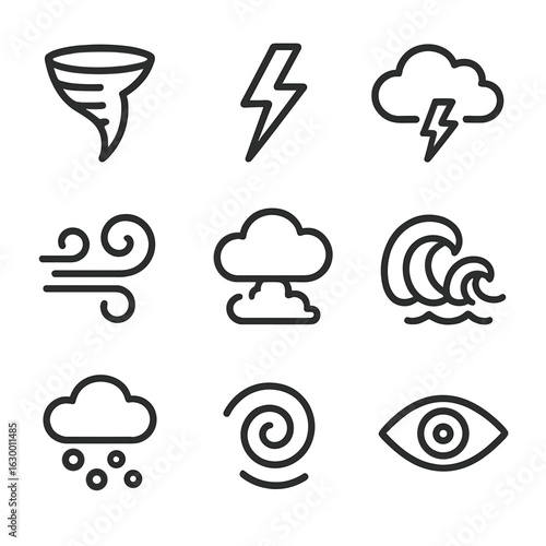Weather Chaos Icons. Outline icon set of weather chaos: tornado funnel, lightning flash, thundercloud, rainstorm, swirling gust,