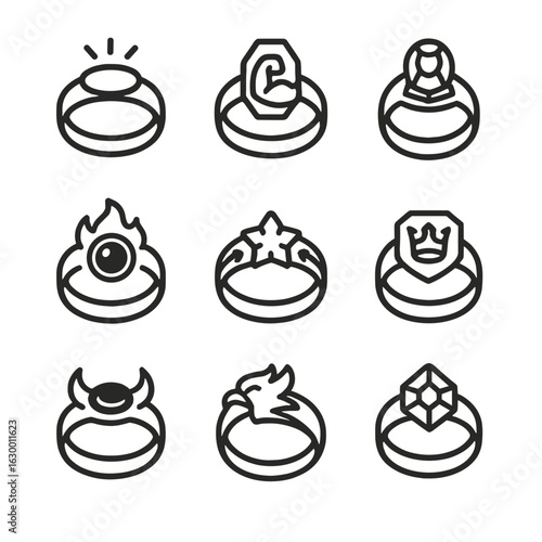Magical Ring Icons. Outline icon set of powerful rings: ring of invisibility, ring of strength, ring of wisdom, cursed ring,