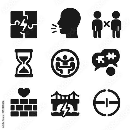 Conflict Resolution Icons. Solid, filled icons set of dealing with conflict constructively: conflict