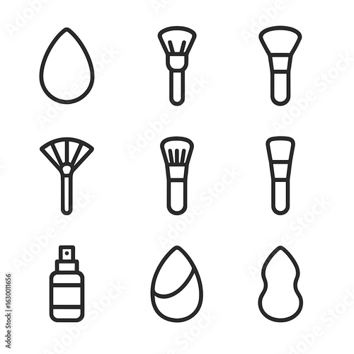 Makeup Tools Icons. Outline icon set of face makeup tools: beauty blender, contour brush, powder brush, fan brush, stippling brush