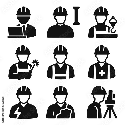 Construction Crew Icons. Solid, filled icons set of construction crew roles: project manager, structural