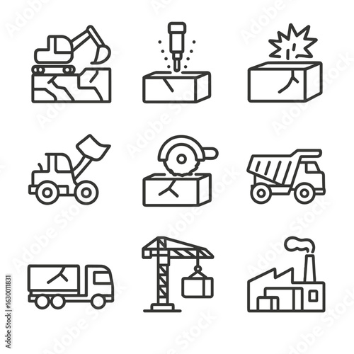 Marble Quarry Icons. Outline icon set of marble quarrying: excavation, drilling, blasting, hauling, cutting blocks, loading,