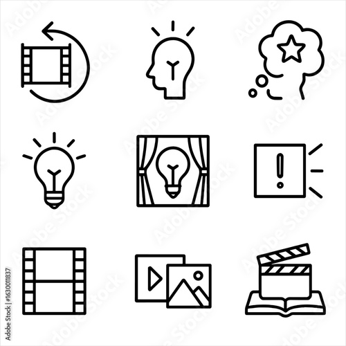Flash Story Icons. Outline icon set of flash in storytelling: flashback, sudden idea, memory flash, light bulb moment, surprise